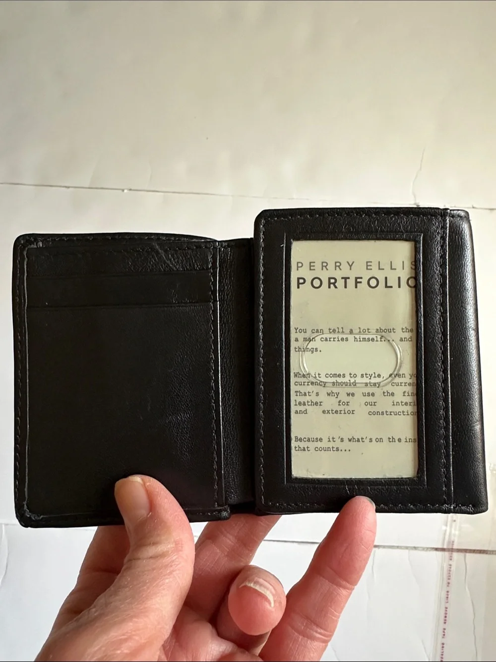 NWOT Perry Ellis Black Leather Tri-Fold Card & ID Holder